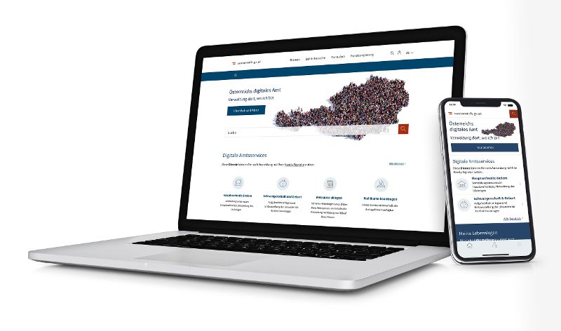 Mockup eines Laptops und eines Smartphones auf deren Bildschirmen die Online-Plattform oesterreich.gv.at zu sehen ist.