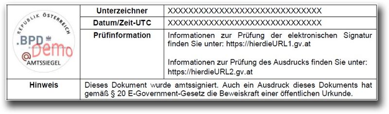 Bildmarke und die Merkmale einer Amtssigntur Hoheitsverwaltung